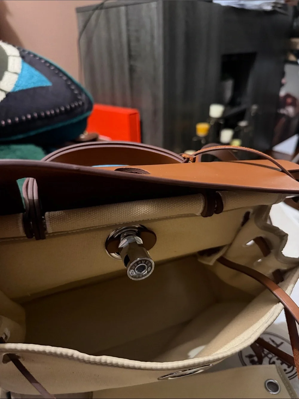 Cream Canvas and Brown Leather Top-Handle Briefcase with Silver Hardware